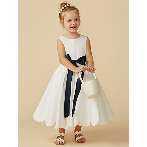 

A-Line Tea Length Wedding / First Communion Flower Girl Dresses - Taffeta Sleeveless Jewel Neck with Sash / Ribbon / Pleats