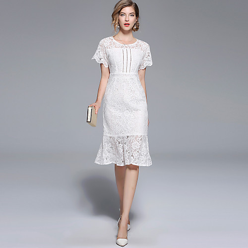 

Women's Trumpet / Mermaid Dress Knee Length Dress White Short Sleeve Solid Colored Lace Spring Summer Round Neck Elegant Sophisticated Holiday Going out Slim S M L XL XXL / High Waist