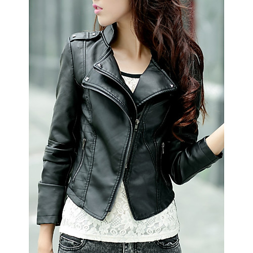 

Women's Solid Colored Faux Leather Jacket Short Daily Long Sleeve Polyester Coat Tops Black