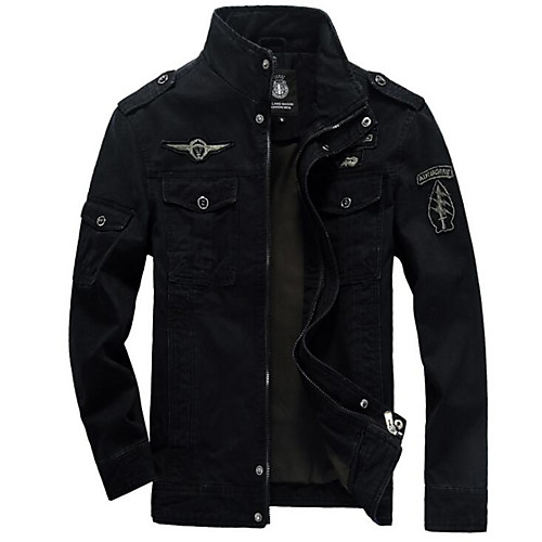 

Men's Basic Jackets Solid Colored Embroidered Basic Fall Jacket Regular Daily Long Sleeve Cotton Coat Tops Black