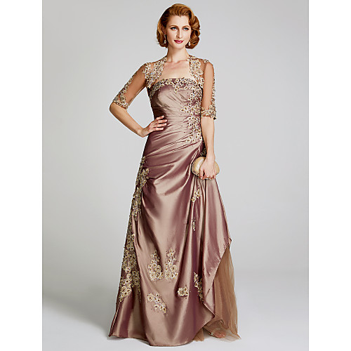 

A-Line Mother of the Bride Dress Wrap Included Strapless Floor Length Taffeta Beaded Lace Half Sleeve with Beading Appliques Side Draping 2021
