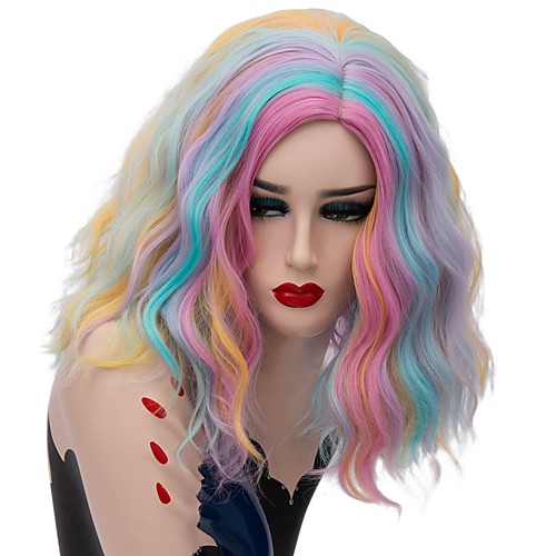 

Wavy Kardashian Middle Part Wig Pink Short Rainbow Synthetic Hair Women's Fashionable Design Blue Pink