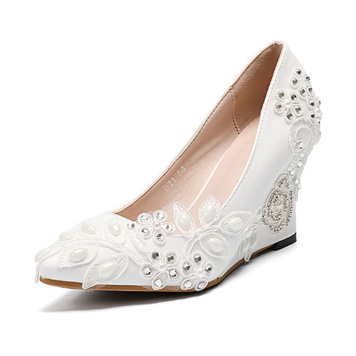 

Women's Heels Wedge Heel Pointed Toe Sexy Minimalism Roman Shoes Wedding Party & Evening PU Pearl Sparkling Glitter Lace Solid Colored White