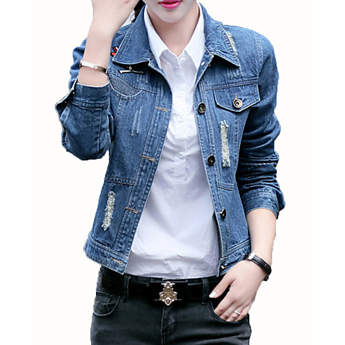

Women's Solid Colored Basic Fall Denim Jacket Regular Daily Long Sleeve Cotton Coat Tops Blue