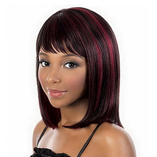 

Synthetic Wig Straight Bob Wig Burgundy Medium Length Black / Burgundy Synthetic Hair 14 inch Women's Women African American Wig With Bangs Burgundy