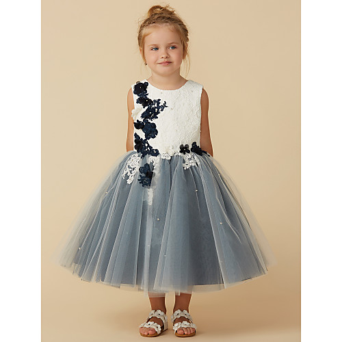 

Princess Tea Length Lace / Tulle Sleeveless Jewel Neck with Beading / Appliques / Flower