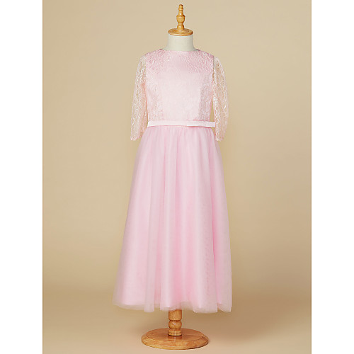 

A-Line Jewel Neck Tea Length Lace / Tulle Junior Bridesmaid Dress with Bow(s) / Wedding Party