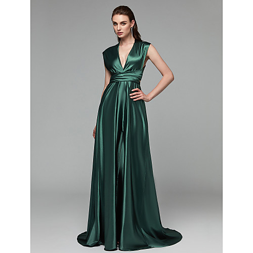 

A-Line Minimalist Elegant Open Back Prom Formal Evening Dress Plunging Neck Sleeveless Sweep / Brush Train Satin Chiffon with Bow(s) Split Front 2021