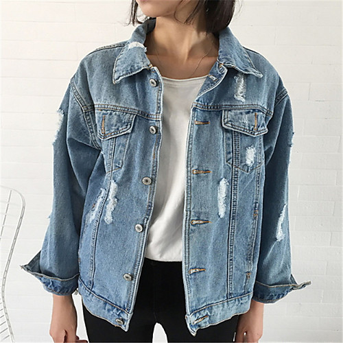 

Women's Solid Colored Basic Denim Jacket Regular Daily Long Sleeve Polyester Coat Tops Blue