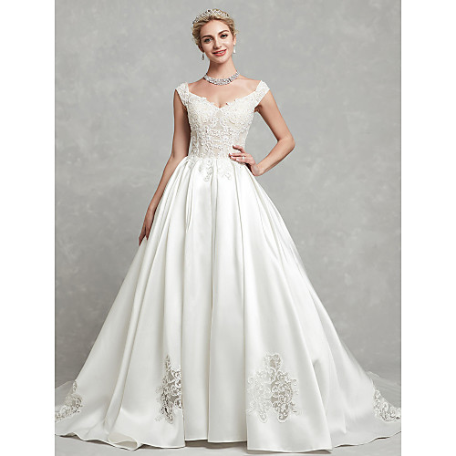 

Ball Gown Wedding Dresses V Neck Chapel Train Lace Satin Cap Sleeve with Lace Beading Appliques 2021