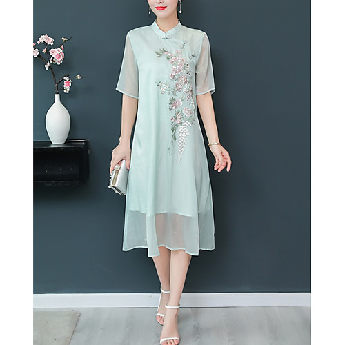 

Women's A Line Dress Midi Dress Light Green Half Sleeve Stand Collar S M L XL XXL