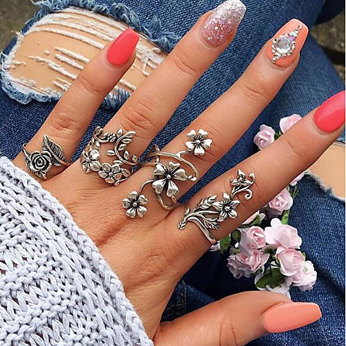 

Women's Open Cuff Ring Ring Set thumb ring 4pcs Silver Alloy Circle Geometric Ladies Unusual Unique Design Wedding Daily Jewelry Vintage Style Hollow Out Leaf Flower Cool