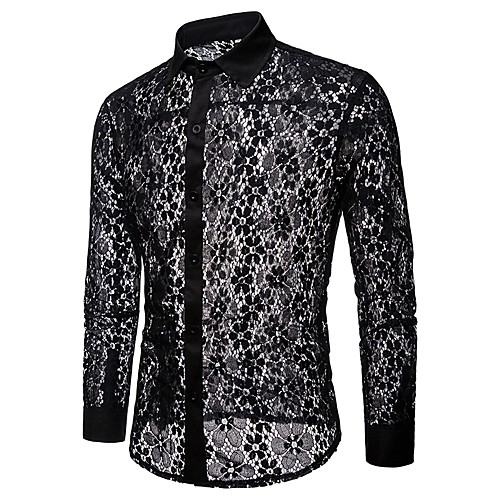 

Men's Shirt Solid Colored Cut Out Mesh Long Sleeve Party Tops Basic Sexy White Black