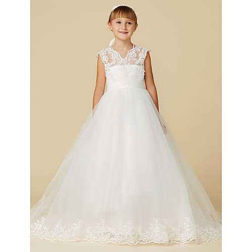 

Princess Court Train Wedding / First Communion Flower Girl Dresses - Lace / Tulle Sleeveless V Neck with Sash / Ribbon / Appliques