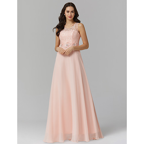 

A-Line Empire Wedding Guest Prom Valentine's Day Dress Illusion Neck Sleeveless Floor Length Chiffon Corded Lace with Beading Appliques 2021
