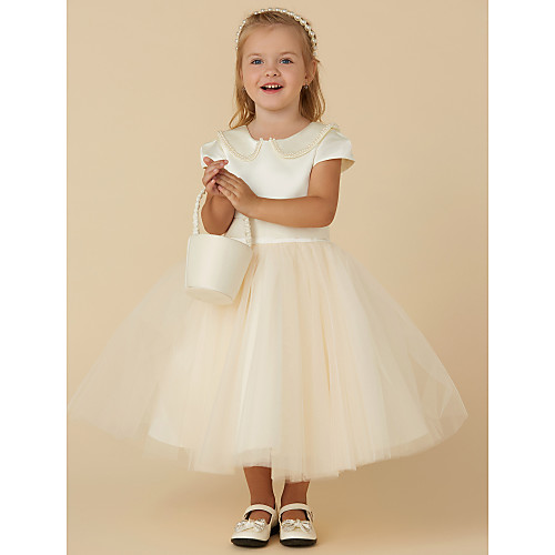 

Ball Gown Tea Length Pageant Flower Girl Dresses - Satin / Tulle Short Sleeve Jewel Neck with Pearls / Beading