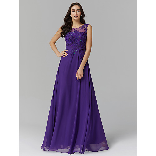 

A-Line Chinese Style Elegant Prom Formal Evening Dress Illusion Neck Sleeveless Floor Length Chiffon Beaded Lace with Beading Appliques 2021