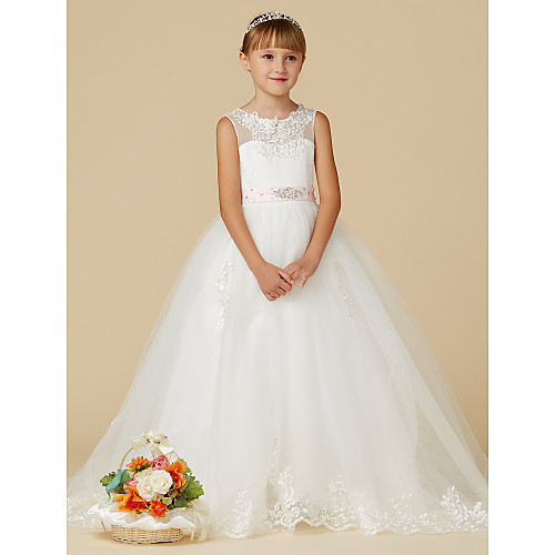 

Princess Sweep / Brush Train Wedding / First Communion Flower Girl Dresses - Lace / Tulle Sleeveless Jewel Neck with Belt / Beading / Appliques