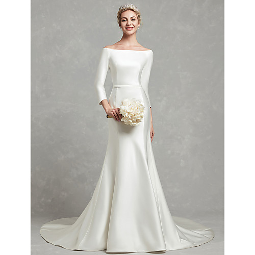 

Sheath / Column Wedding Dresses Strapless Chapel Train Satin Sleeveless Simple with Bow(s) 2021