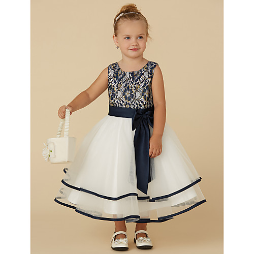 

A-Line Tea Length Pageant Flower Girl Dresses - Lace / Tulle Sleeveless Scoop Neck with Sash / Ribbon / Bow(s)