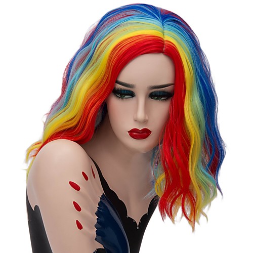 

Wavy Minaj Middle Part Wig Short Rainbow Synthetic Hair Women's Fashionable Design Red Blue