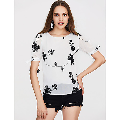 

Women's Blouse Floral Embroidered Half Sleeve Daily Tops Basic Vintage White