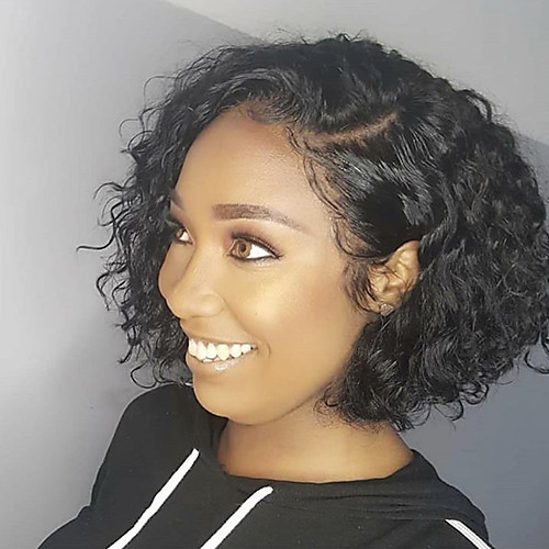 

Remy Human Hair Lace Front Wig Bob Kardashian style Brazilian Hair Water Wave Natural Black Wig 130% Density with Baby Hair Natural Hairline Bleached Knots Women's 8-14 Human Hair Lace Wig ELVA HAIR