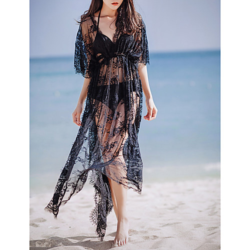 

Women's Maxi long Dress White Black Half-Sleeve Black Solid Colored Lace Summer Deep V Cotton Lace One-Size
