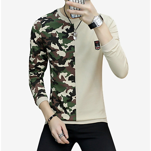 

Men's T shirt Solid Colored Color Block Camo / Camouflage Patchwork Print Long Sleeve Daily Tops Cotton Black Beige