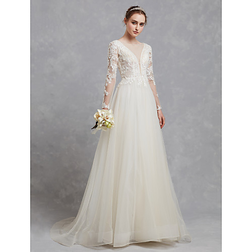 

A-Line Wedding Dresses Bateau Neck Sweep / Brush Train Lace Tulle Long Sleeve Cutouts with Lace Appliques 2021