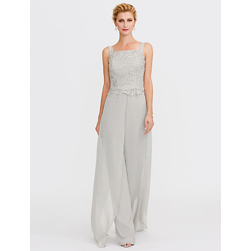 

Pantsuit / Jumpsuit Mother of the Bride Dress Plus Size Elegant Square Neck Floor Length Chiffon Corded Lace Sleeveless with Lace Beading Appliques 2021