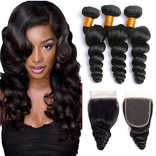 

3 Bundles with Closure Indian Hair Loose Wave Human Hair 335 g Headpiece Extension Bundle Hair 8-24 inch Black Natural Color Human Hair Weaves Soft Silky Best Quality Human Hair Extensions / 8A