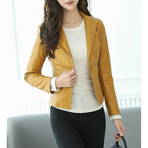 

Women's Solid Colored Spring & Fall Notch lapel collar Faux Leather Jacket Short Daily Long Sleeve PU Coat Tops Black