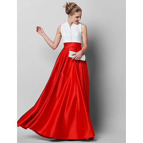 

A-Line Elegant & Luxurious Color Block Formal Evening Black Tie Gala Dress High Neck Sleeveless Floor Length Lace Satin with Pleats 2021