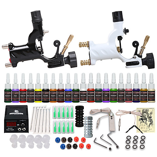 

Starter Tattoo Machine Kit - 2 pcs Tattoo Machines with 20 x 5 ml tattoo inks, Professional, Safety, 20 Colors Alloy LCD power supply Case 2 rotary machine liner & shader