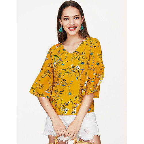 

Women's Blouse Floral Half Sleeve Daily Tops White Blue Yellow