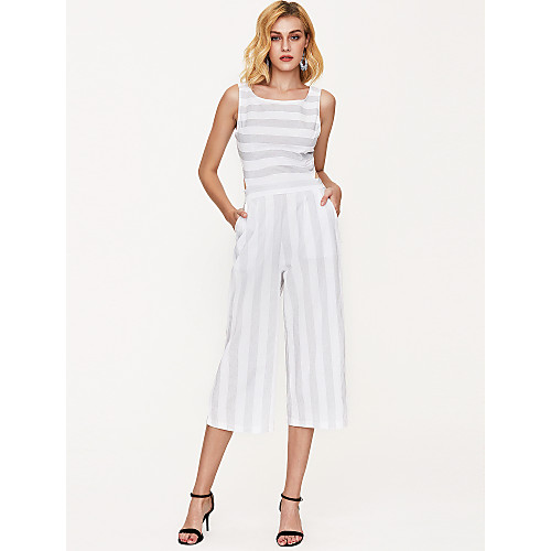 

Women's Basic Holiday Striped Blue Khaki Gray Jumpsuit Striped Print Cotton