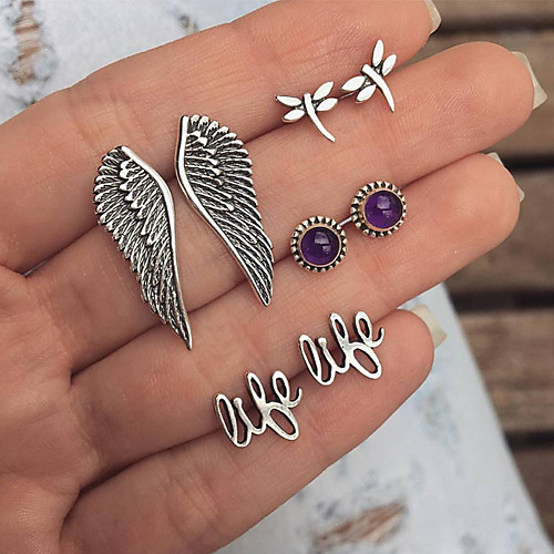 

Women's Synthetic Amethyst Stud Earrings Earrings Set Retro Hollow Wings Letter Dragonfly Ladies Simple Vintage Fashion Cute Earrings Jewelry Silver For Party / Evening Daily Holiday Club 4 Pairs