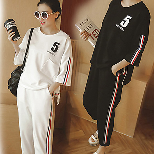 

Women's Tracksuit Stripes White Black Cotton Zumba Yoga Fitness High Waist Tee Tshirt Cropped Pants Clothing Suit 3/4 Length Sleeve Sport Activewear Breathable Micro-elastic Regular Fit