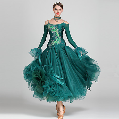 

Ballroom Dance Dress Appliques Crystals / Rhinestones Women's Performance Long Sleeve High Organza Spandex