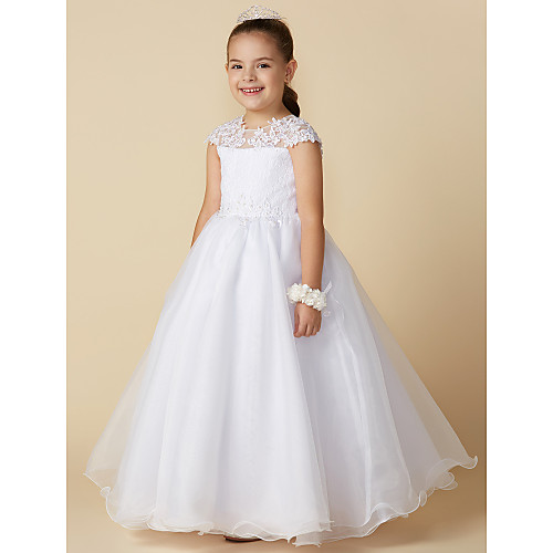 

Ball Gown Ankle Length Wedding / First Communion Flower Girl Dresses - Lace / Tulle Short Sleeve Jewel Neck with Beading / Appliques