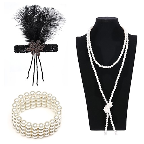 

The Great Gatsby Charleston Vintage 1920s Costume Accessory Sets Flapper Headband Women's Artistic Style Costume Head Jewelry Pearl Necklace Slave Bracelet Black / Golden / White Vintage Cosplay