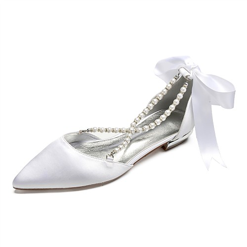 

Women's Wedding Shoes Lace up Flat Heel Pointed Toe Rhinestone / Bowknot / Imitation Pearl Satin Spring & Summer Purple / Yellow / Red / Party & Evening