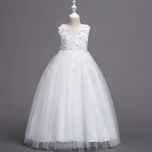 

Princess Long Length Wedding / First Communion Flower Girl Dresses - Satin / Tulle Sleeveless Jewel Neck with Belt / Crystals / Appliques