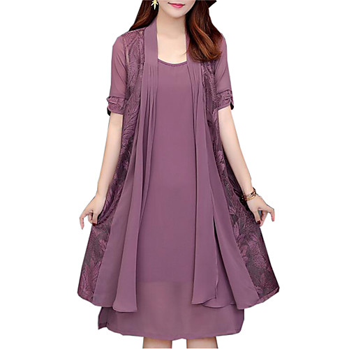 

Women's Plus Size Two Piece Dress - Short Sleeve Solid Colored Lace Spring Fall Daily Loose Black Purple Red Navy Blue L XL XXL XXXL XXXXL