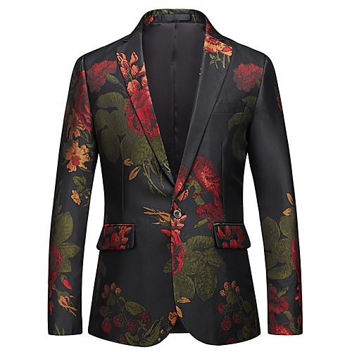 

Men's Party / Going out Active / Street chic Spring & Fall Regular Blazer, Floral V Neck Long Sleeve Polyester Jacquard Black