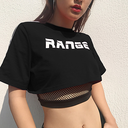 

Women's Tee / T-shirt Black White Crop Top Crew Neck Cotton Cute Slogan Sport Athleisure T Shirt Top Short Sleeves Breathable Quick Dry Exercise & Fitness Everyday Use Casual Fitness