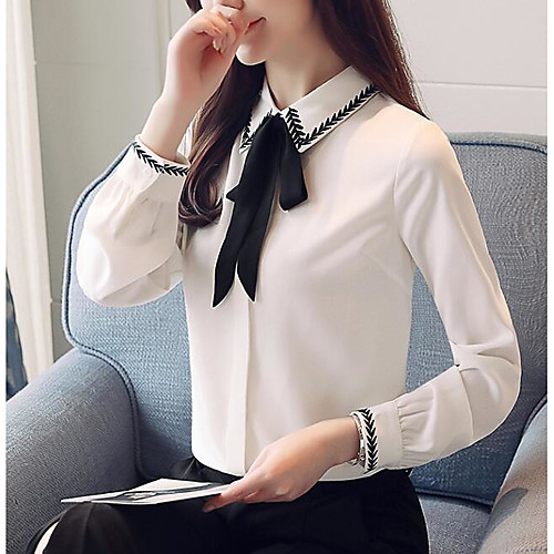 

Women's Daily Going out Active / Basic Slim Blouse - Solid Colored / Color Block Black & White, Bow / Pleated / Lace up Shirt Collar White / Embroidered