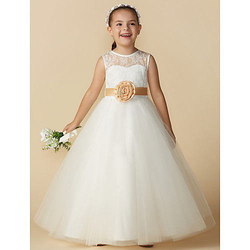 

Princess Ankle Length Wedding / First Communion Flower Girl Dresses - Lace / Tulle Sleeveless Jewel Neck with Sash / Ribbon / Bow(s) / Flower