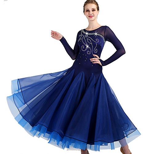 

Ballroom Dance Dress Ruching Crystals / Rhinestones Women's Performance Long Sleeve Spandex Organza